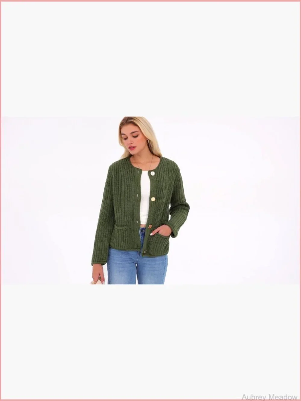 Oversized Chunky Knit Cardigan with Pockets Crewneck Button Up - Picture 7 of 7